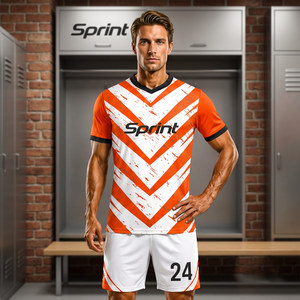 Maillot de football pour homme Sprint, orange et blanc rayé, col en V, manches courtes, respirant, polyester, coupe athlétique, adulte, toutes saisons - Product Image 1