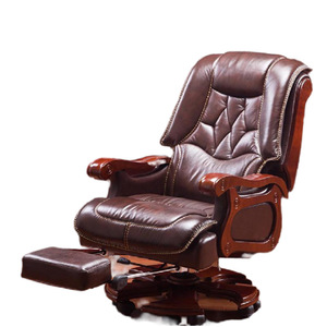 High End Solid Wood Cowhide Leather Reclining Gas Lift boss Office Chair with Massage and Footrest - Product Image 1