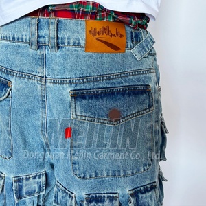 Shorts de Mezclilla Azules Vintage con Lavado Ácido, Estilo Cargo, con Múltiples Bolsillos, Logotipo Personalizado, Estilo Urbano Hip Hop para Hombre - Product Image 3