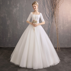 Simple Elegant Satin Wedding Dress Square Neck Half Sleeve Floor Length A Line Bridal Gown For Petite Women - Product Image 1