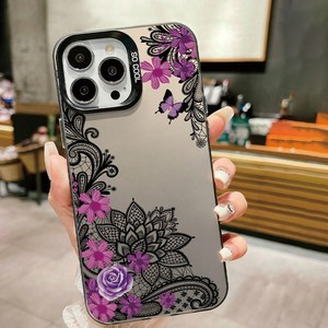 <span class=keywords><strong>Coque</strong></span> de téléphone OEM d'usine pour femmes, motif floral en dentelle, pour <span class=keywords><strong>iPhone</strong></span> 17 16 15 14 13 <span class=keywords><strong>12</strong></span> 11 Pro, noir, violet, mat, laser, métallique, Funda - Product Image 2