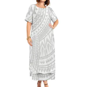 Hot Selling 2023 Polynesian Elei Tribal White Grey Design Upscale Good Looking Noble Round Neck Short Sleeve Dress