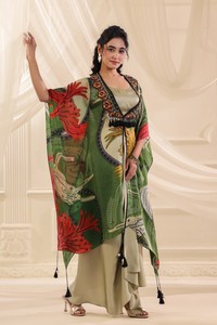 Compre un Kaftán Estampado de Diseñador con Vestido Interior para Mujer, Ropa Bohemia Étnica para Vacaciones, Fiesta o Resort, Atuendo Elegante - Product Image 4