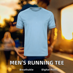 T-shirt de course pour homme en polyester bleu clair, col rond, manches courtes, jersey tricoté, séchage rapide, tee-shirt de sport - Product Image 2