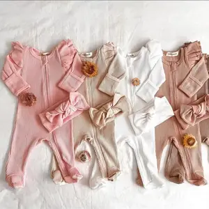 Peekaboo baju monyet bayi, jumpsuit katun elastis rajut bungkus kaki lengan panjang + bandana