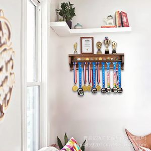 Wooden Medal Display Rack <b>Wall</b> <b>Mounted</b> Double Layer Trophy Certificate Holder Brown Black Rectangle 3 Floors - Product Image 3