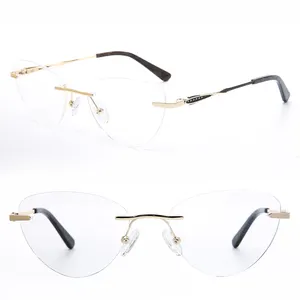 designer rimless trendy high classic rectangle nickel copper with acrylic diamonds installation optical frames for women