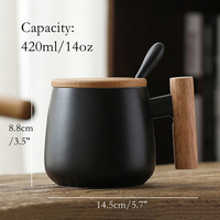 Taza de café de cerámica blanca y negra mate nórdica personalizada con tapa de mango de madera, juego de tazas de café de cerámica con cuchara