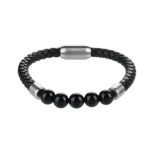 Fashion Black Leather Bracelet Silver Metallic Men Jewelry Beads Bracelet