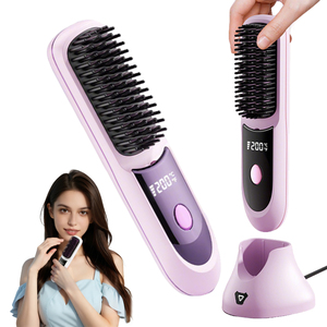Peigne lisseur sans fil 3 réglages de chaleur Revêtement en kératine Ions négatifs Rechargeable par USB Brosse coiffante portable - Product Image 1