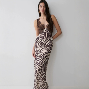 Abito Lungo Estivo da Donna Senza Colletto con Stampa Zebrata e Inserti in Pizzo, Spacco e Spalline, Stile Resort Sexy, per Commercio Transfrontaliero - Product Image 1