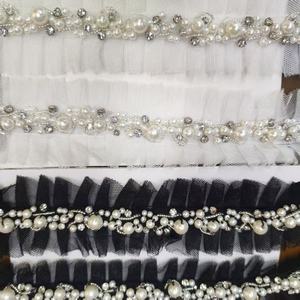 AFFINITY 주름 거즈 메쉬 프릴 진주 레이스 수제 구슬 체인 크리스탈 라인 석 레이스 트림 트위드 스타일 의류 플래켓 - Product Image 3