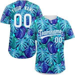 Camiseta de béisbol personalizada, unisex, para adultos, nombre personalizado, número, impresión sublimada, talla grande, nombre del equipo 00, patrón de hojas tropicales - Product Image 1