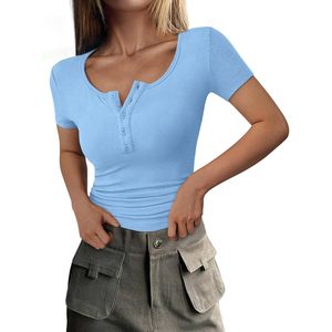 Womens Ribbed Henley Button Short Sleeve T Shirt Slim Fit Casual <b>Top</b> Breathable Knitted Cotton Spandex Blend Fashion Clothing - Product Image 1