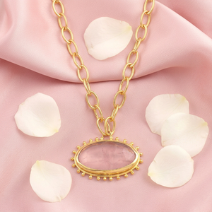 Natural Rose Quartz Large Size Oval Pendant Necklace 18k Gold Plated Oval Link <b>Chain</b> Beaded Designer Handmade Pendant Necklace - Product Image 4