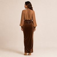 Robe longue en velours marron unie de luxe pour femme, grande taille, personnalisée, à manches longues, style crayon, avec peplum, pour femmes