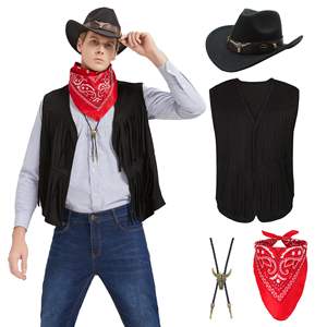 Costume de cowboy occidental en gros pour hommes, veste à franges, chapeau, bandana, collier, accessoires de tenue de cowboy pour Halloween, cosplay - Product Image 2