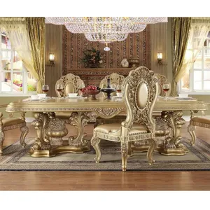 Traditional American Style Wooden Hand Carved Gold Foil Dining Table Set Royal villa furniture