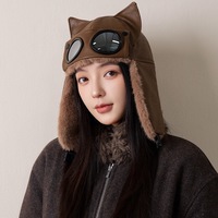 Chapeau d'hiver vintage en cuir avec oreilles de chat, style pilote, chaud, résistant au froid, épais, mignon, pliable, en peluche