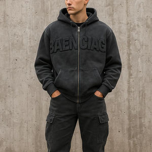 Vêtements de rue d'automne délavés et surdimensionnés pour hommes, style surélevé, impression personnalisée vintage OEM, fermeture éclair intégrale écologique et lourde - Product Image 3