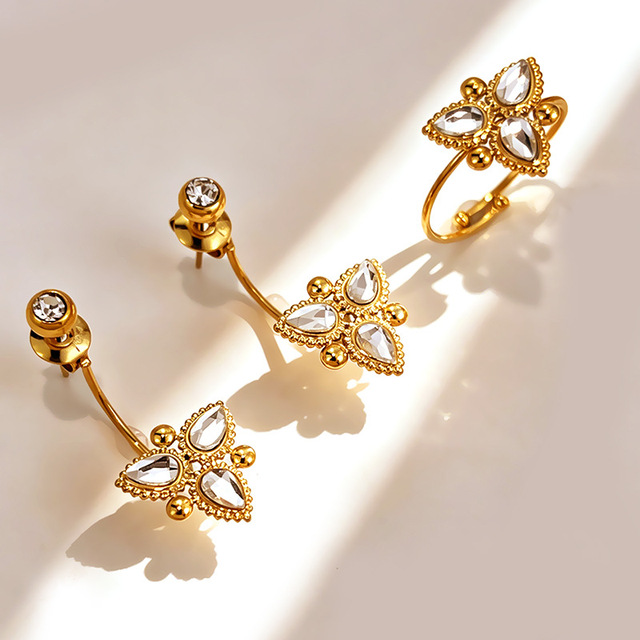 Stainless Steel Zircon Flower Jewelry Set for Women 18K Gold French Romantic Stud Earrings Adjustable Ring Set Jewelry (JYS313)