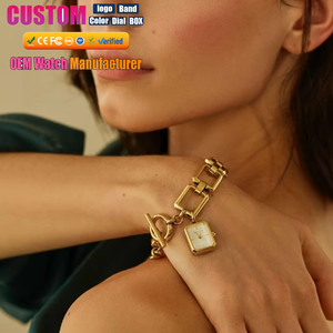 Montre-bracelet à quartz pour femme en acier inoxydable plaqué or 18 carats, avec chaîne à maillons CZ et pendentif, cadeau bijou, étanche 3 ATM - Product Image 1