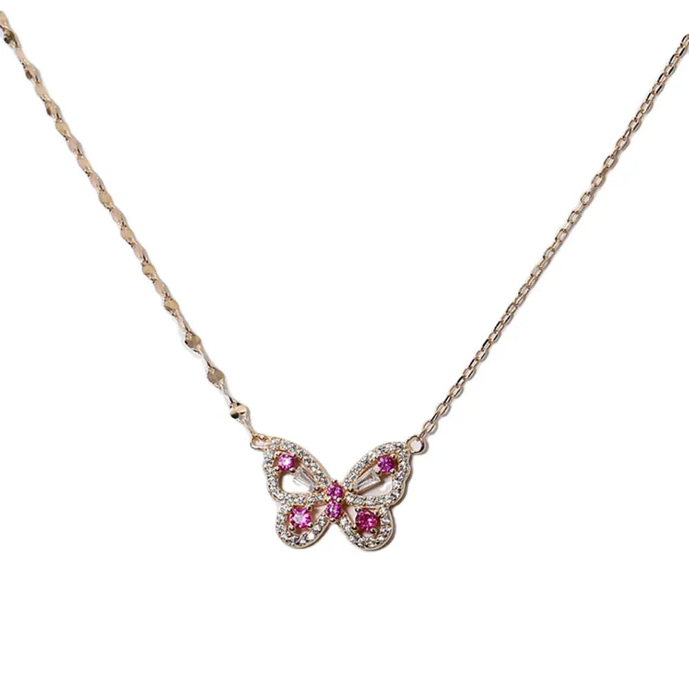 Kalung Liontin Kupu-kupu Kristal Bertatahkan Berlian Zirkon Kubik Merah Muda S925 Perak Murni Putih Perhiasan Berlapis Emas Mawar