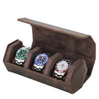 Rétro Crazy Horse en cuir de vachette fait à la main en cuir véritable boîte de rangement de montre à trois positions boîte-cadeau carrée avec conception hexagonale