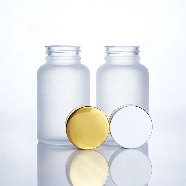 großhandel leere transparente mattierte 80 ml 100 ml 120 ml 150 ml medizinpille-glaskapseln mit weitem mund flaschen mit goldenem deckel
