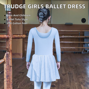 Trudge Kinder-Tanzkleid für Mädchen, kurz- und langärmelig, Baumwoll-Ballettkleid mit Tutu-Rock, Blau A. 150 cm - Product Image 4