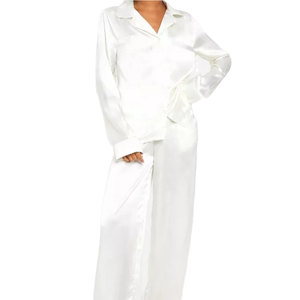 Robe longue en satin pour femme, manches longues, col rabattu, fermeture boutonnée, couleur unie blanche, élégante, vêtements de nuit, printemps - Product Image 6
