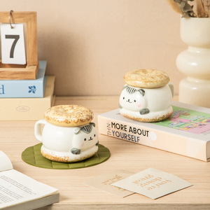 ชุดแก้วเซรามิคพร้อมฝาปิดลายการ์ตูนแมวสองชิ้นสำหรับเป็นของขวัญเด็ก - Product Image 3