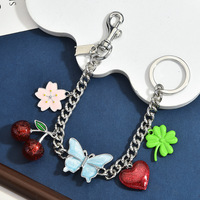 Porte-sac en chaîne métallique DIY à coudre, motif cerise, papillon, cœur, et porte-clés double couleur motif papillon et fleur