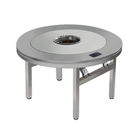 Table à Manger Ronde Pliante Commerciale et Domestique en Acier Inoxydable, Rotative à 360°, avec Plaque à Induction Intégrée, Barbecue et Plancha