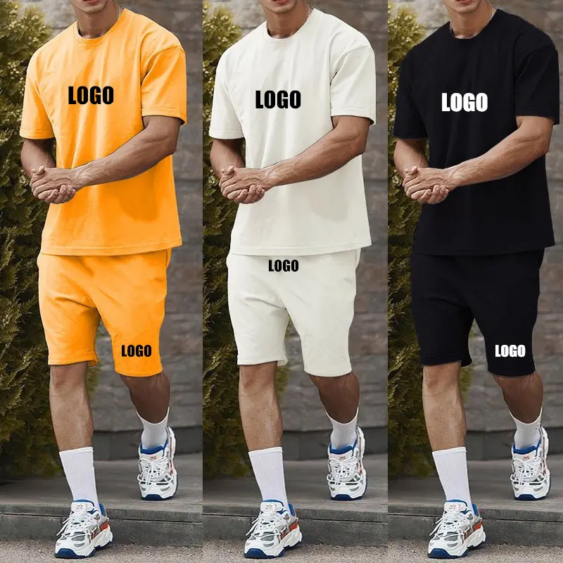 Custom LOGO Cotton Men Casual Shorts Sets Short Sleeve T Shirt Shorts Solid Tracksuit Set Men's Brand Clothing 2 Pieces Sets