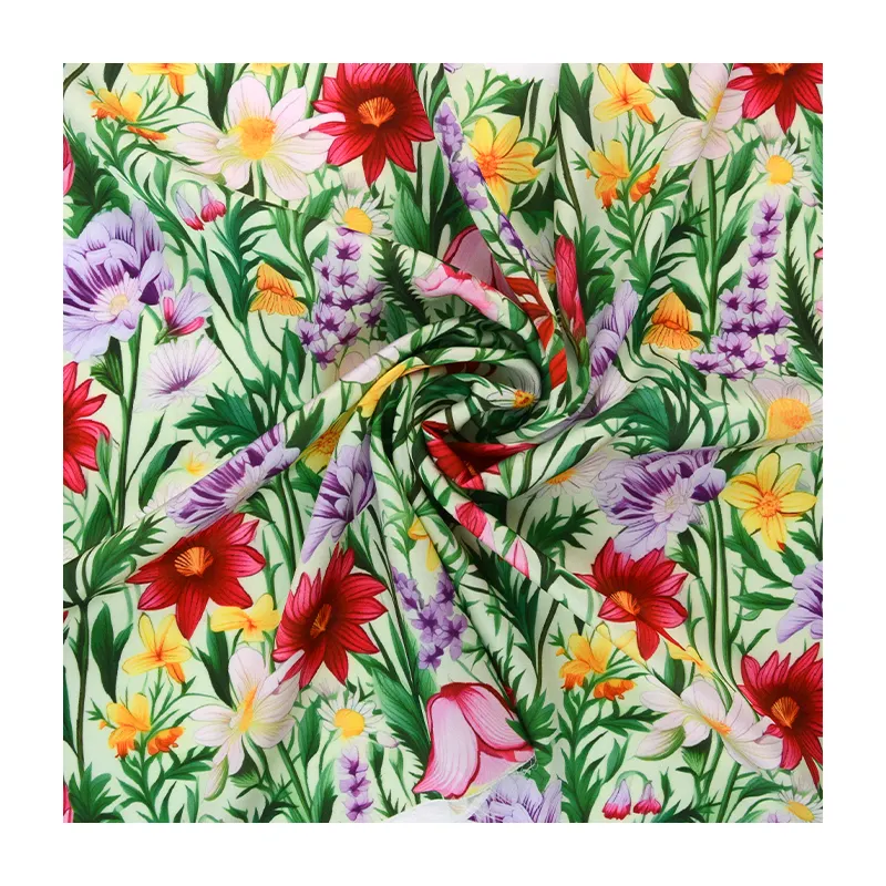 Custom Digital Tropical Floral Print Soft Spandex Polyester Wholesale Silk Satin Fabric for Dress