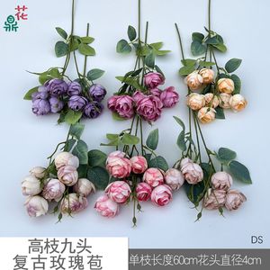 ดอกกุหลาบผ้าไหมประดิษฐ์ 9 หัว ดอกตูมกุหลาบสไตล์วินเทจ สำหรับตกแต่งบ้านและอุปกรณ์ประกอบฉากถ่ายภาพ - Product Image 4