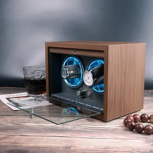 卸売ウォールナットラグジュアリーマンウッド自動時計ワインダー2時計ボックスと安全なキャビネット回転時計収納ケース