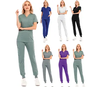 Polyester and cotton V neck split elastic custom logo girls hospital uniforms scrubs medical nurse uniform women scrub uniform