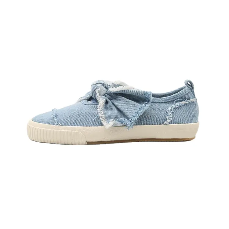 Women Children's Fashion Slip-On Denim Blue Fabric With Bow Girls Loafers To Wear With Skirt Casual Sneakers Party Shoes