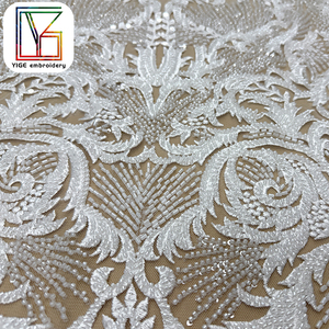 Tessuto in Pizzo Africano di Lusso con Perline e Ricami in Tulle, Tessuto Bianco con Paillettes e Perline Pesanti <span class=keywords><strong>per</strong></span> <span class=keywords><strong>Abiti</strong></span> <span class=keywords><strong>da</strong></span> <span class=keywords><strong>Sposa</strong></span> - Product Image 5