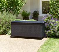Boîte de rangement extérieure en osier pour coussin de jardin en rotin PE imperméable avec panneau en plastique