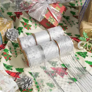 6 Yards/Roll 63Mm Emas/Perak Tepi Kabel Glitter Organza Pita Natal untuk Pernikahan Dekorasi Natal Hadiah Kemasan