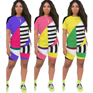 H2905 Amerikaanse Stijl Geometrische Gestreepte Ronde Hals Korte Mouwen T-shirt Shorts Athletic Set Plus Size 5XL Fitness Outfits