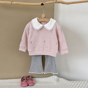 Lässige Frühlings-Herbst-Blumen stickerei im koreanischen Stil Strick anzug Damen-Revers Langärmlige Schlag hose Zweiteilige Kammgarn - Product Image 3