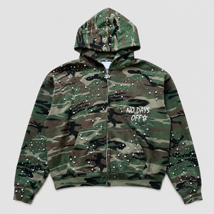 Wholesale Camo Graphic <b>Hoodie</b> Zip Up Heavyweight <b>Fleece</b> Rhinestone Detail <b>Oversized</b> Premium Logo Design Streetwear <b>Men</b> <b>Hoodie</b> - Product Image 1