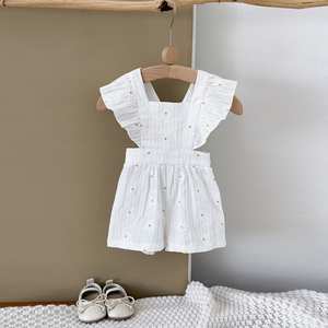 Pagliaccetto estivo lavorato a maglia per bambine e bambine <span class=keywords><strong>pantaloncini</strong></span> con bretelle a collo quadrato senza maniche con stampa floreale tute comode da bambino - Product Image 4