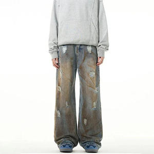 OEM/ODM กางเกงยีนส์ซักโคลนสำหรับผู้ชายกางเกงยีนส์ทรงหลวมทรงตรงแบบเรียงซ้อนสำหรับเด็กผู้ชายกางเกงยีนส์ขาดๆฮิปฮอป - Product Image 1