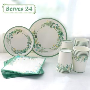 Sage Green Disposable Paper Plates and Cups Napkins Party Tableware Table Decorations For Greenery Boho Birthday Party