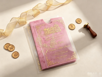 Ensemble d'invitations de mariage en acrylique de luxe, rose blush, avec pochette en velours, motif personnalisé en feuille d'or, nœud, monogramme, armoirie et croquis de lieu